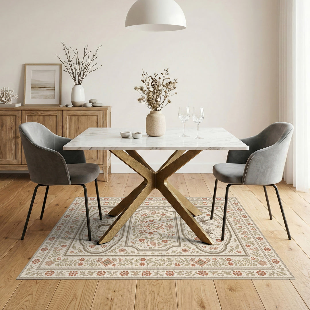 Beige Vintage Floral Dragonfly Area Rug