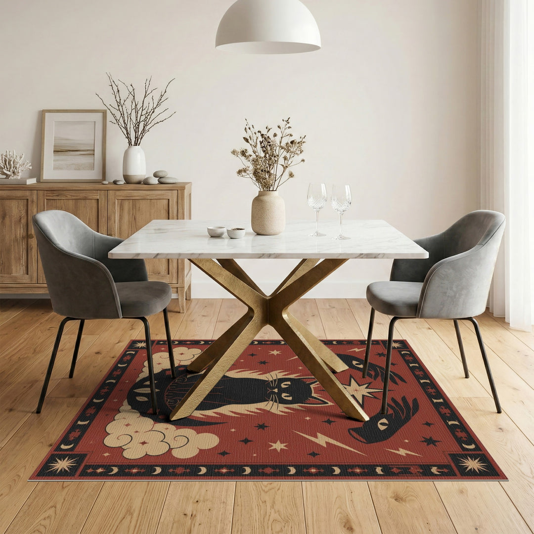 Red Mystical Black Cat Red Area Rug