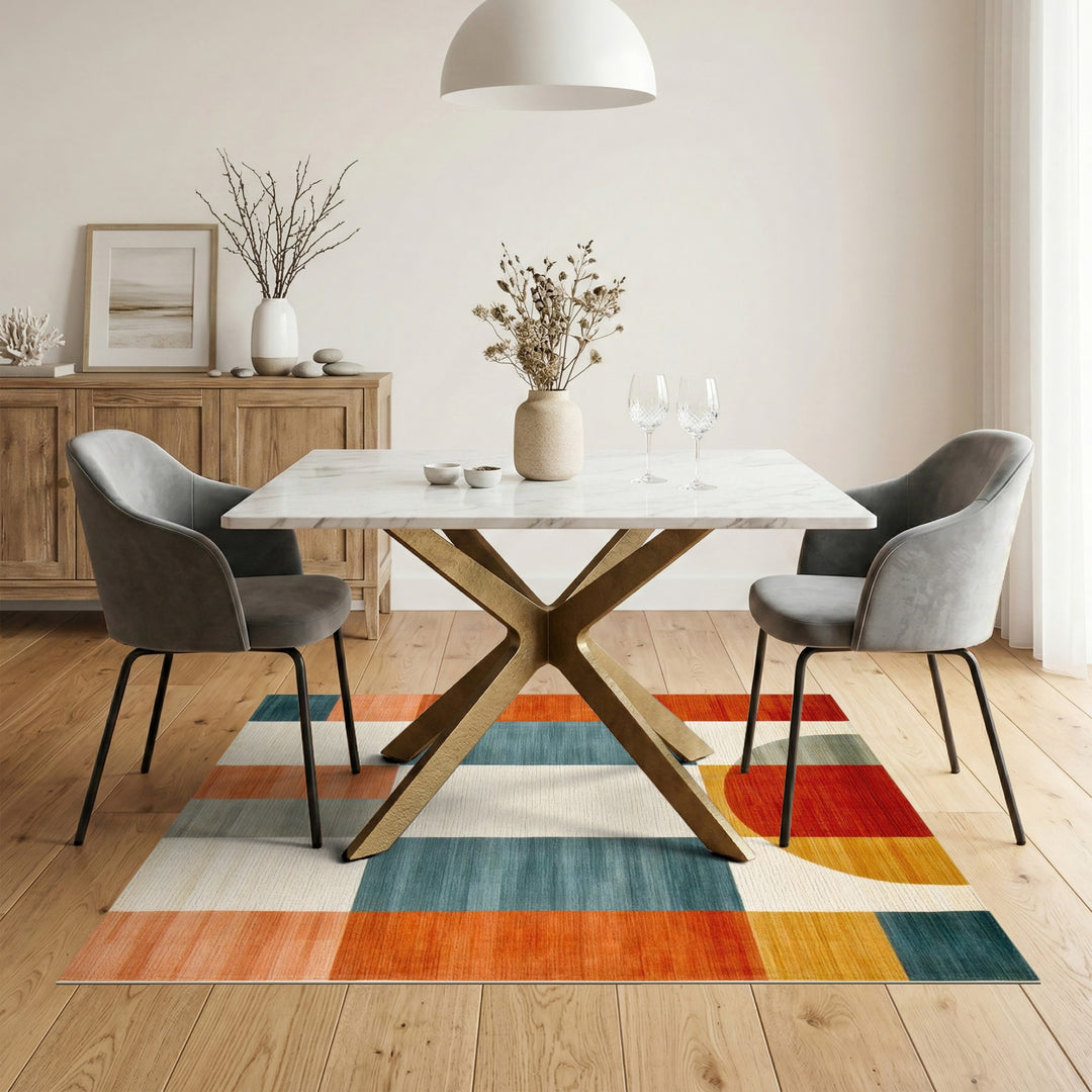 Bold Geometric Area Rug with Red Circle Motif