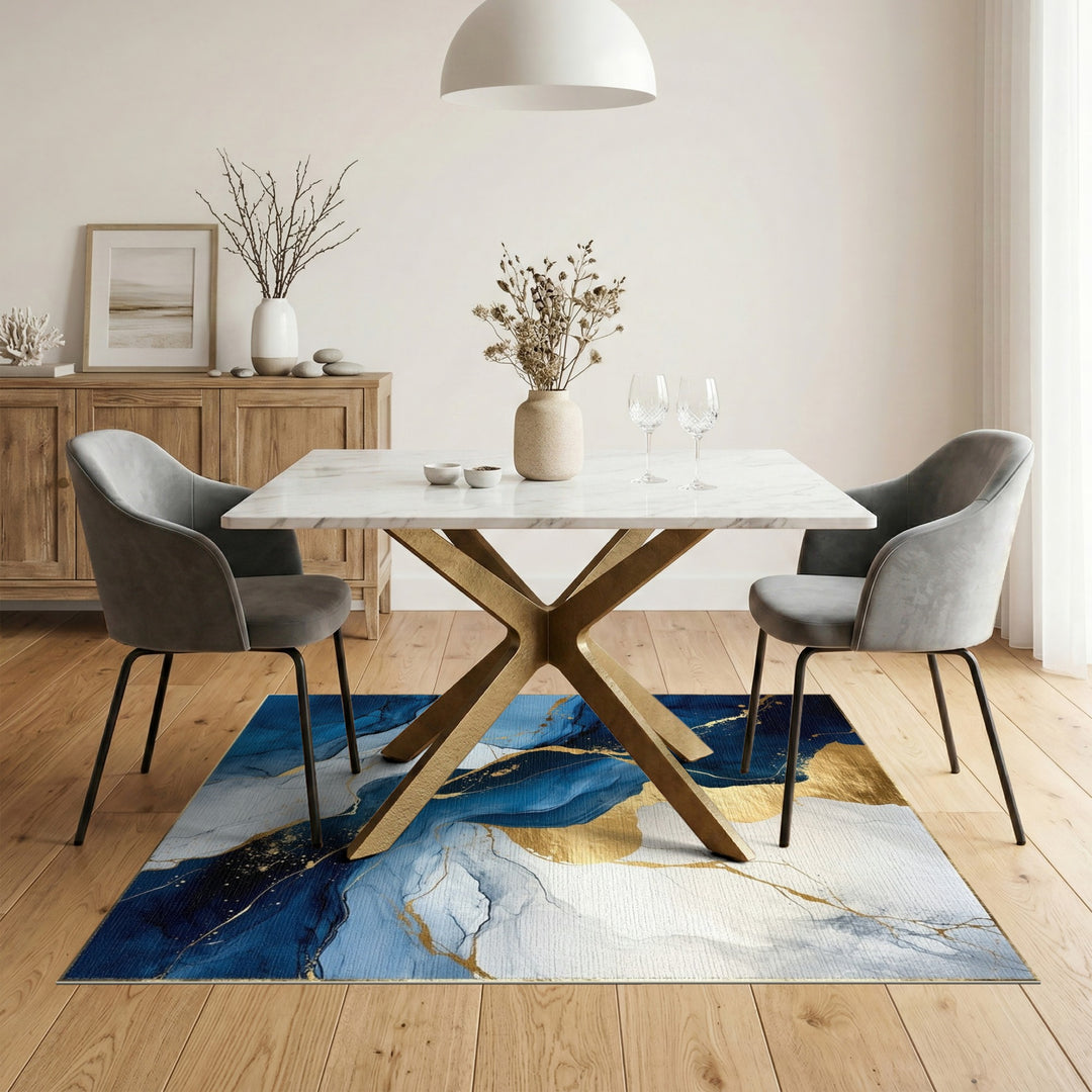 Blue and Teal Navy Blue Gold Marble Abstract Area Rug
