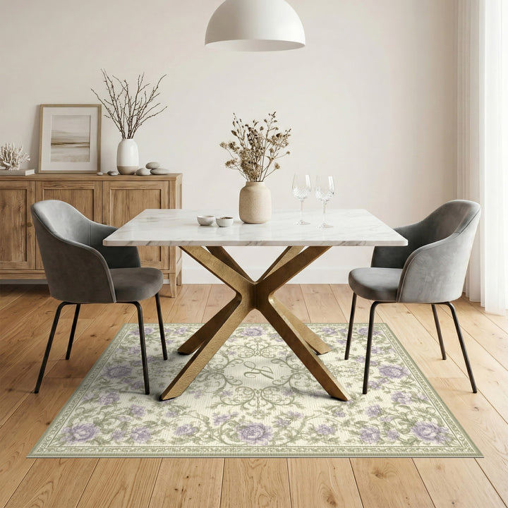 Purple Floral Vintage K Monogram Area Rug