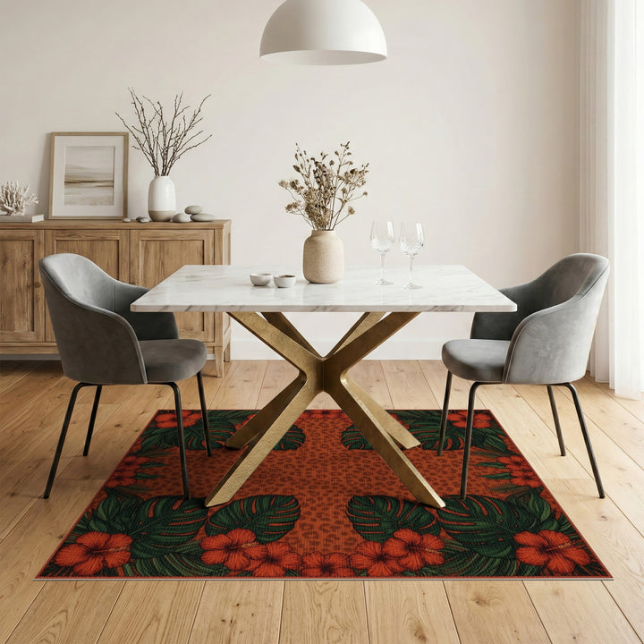 Red Hibiscus Leopard Print Area Rug