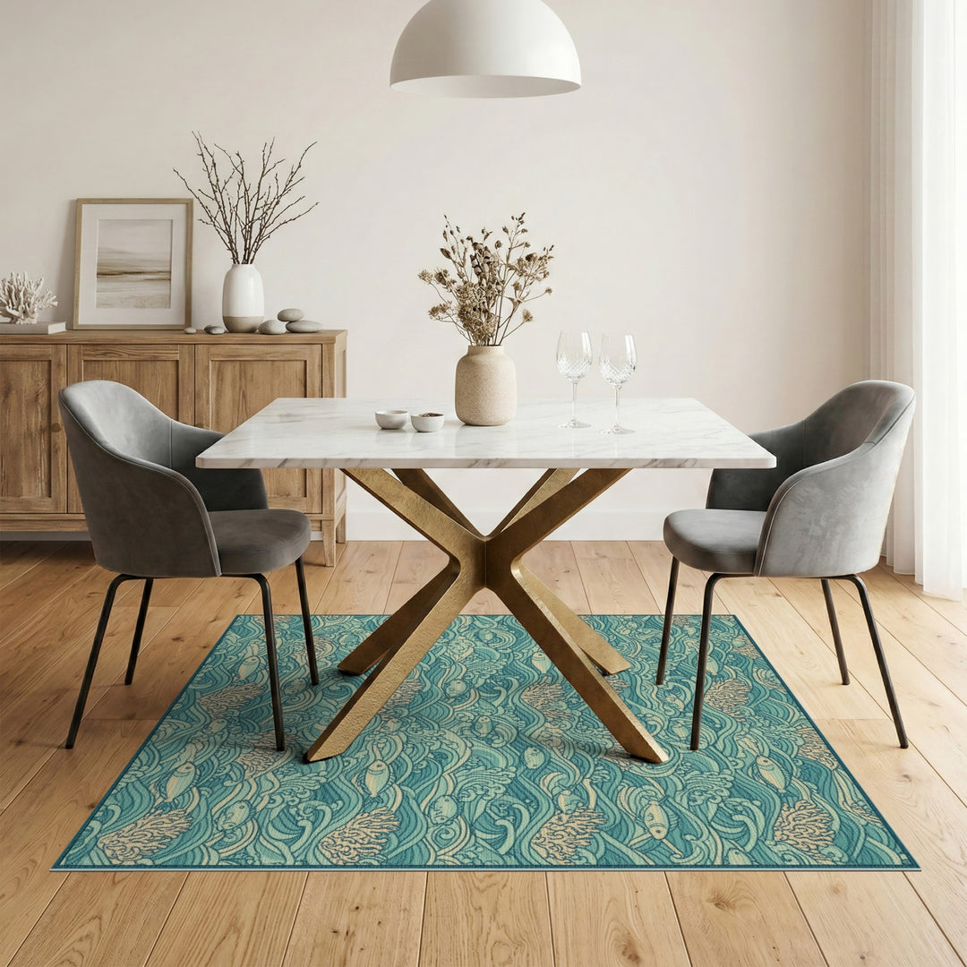 Teal Coastal Waves Fish Area Rug