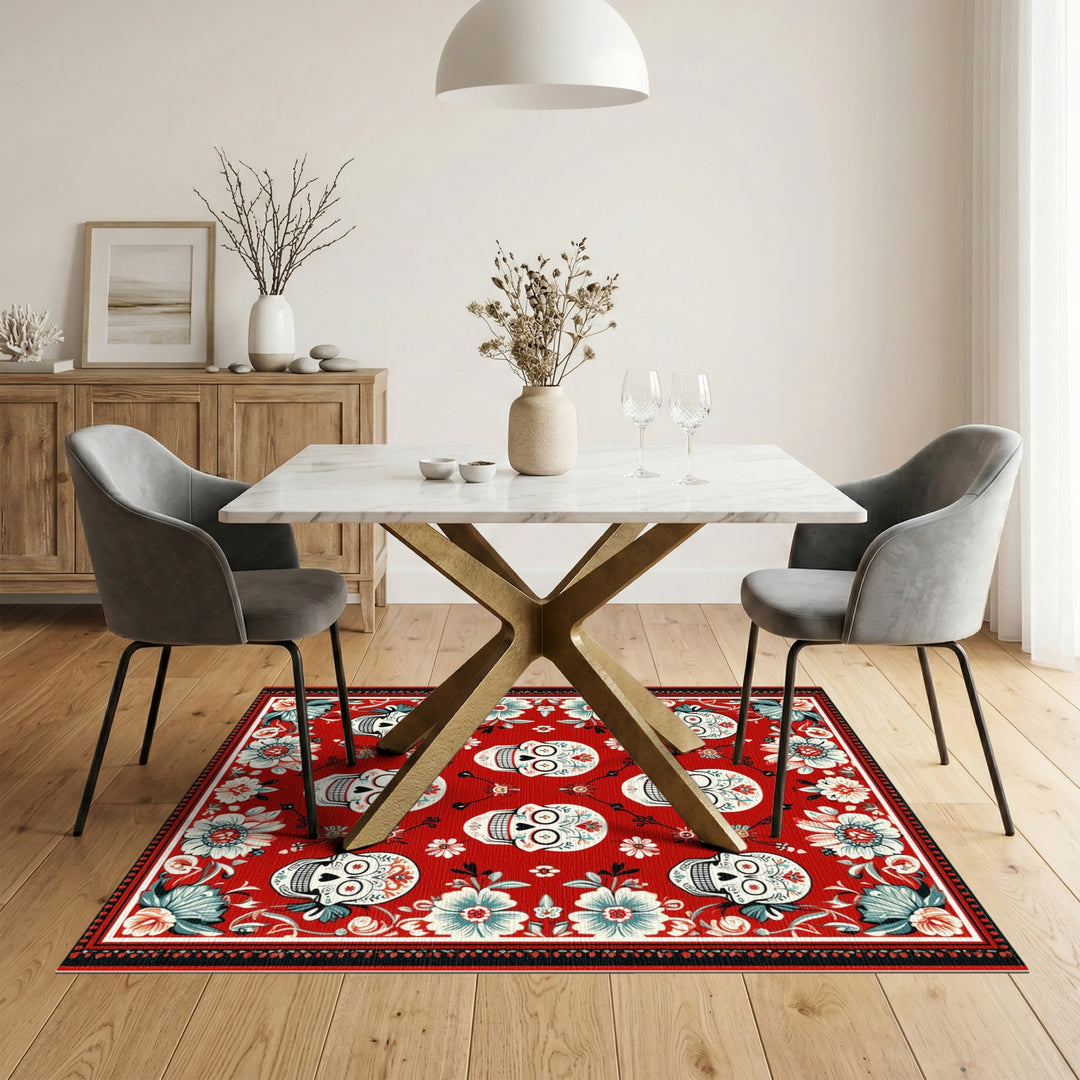 Red Floral Sugar Skull Area Rug
