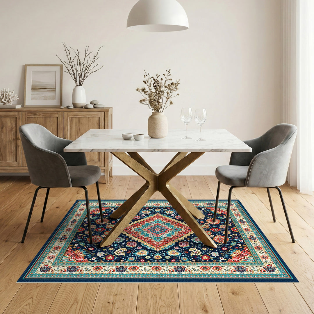 Navy Blue Teal Persian Medallion Area Rug