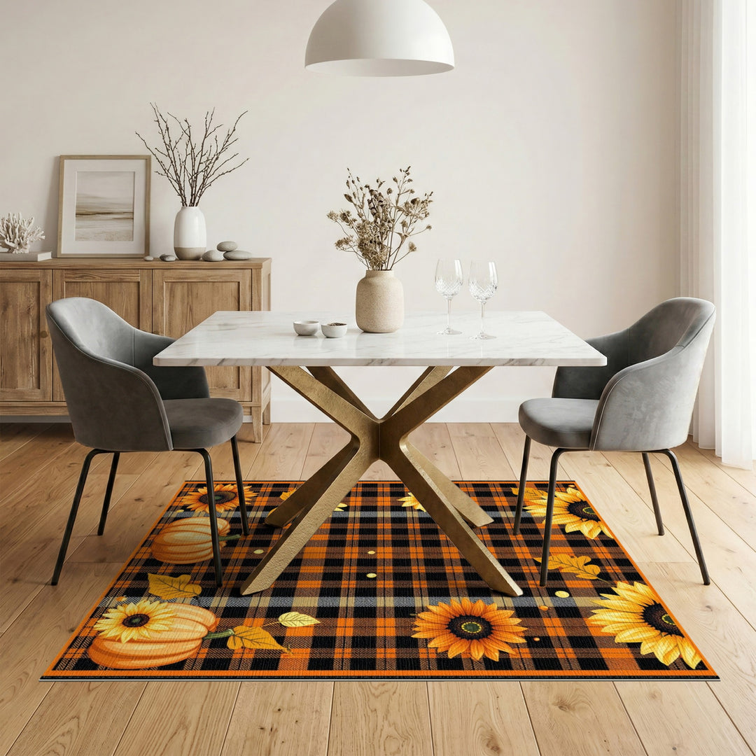 Orange Plaid Sunflower Pumpkin Area Rug