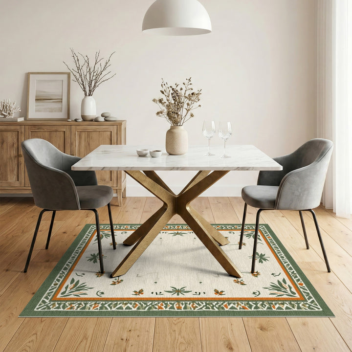 Floral Vintage Beige Area Rug with Green Border