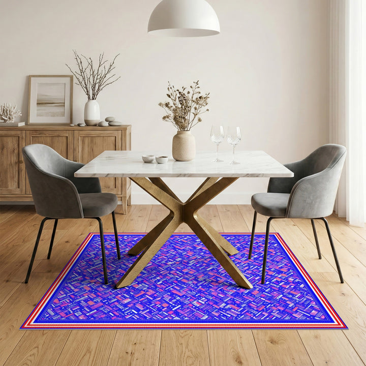 Vibrant Geometric Blue and Red Area Rug