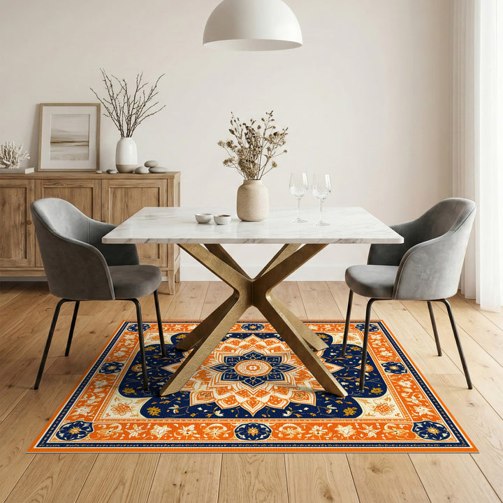 Orange Floral Mandala Navy Area Rug