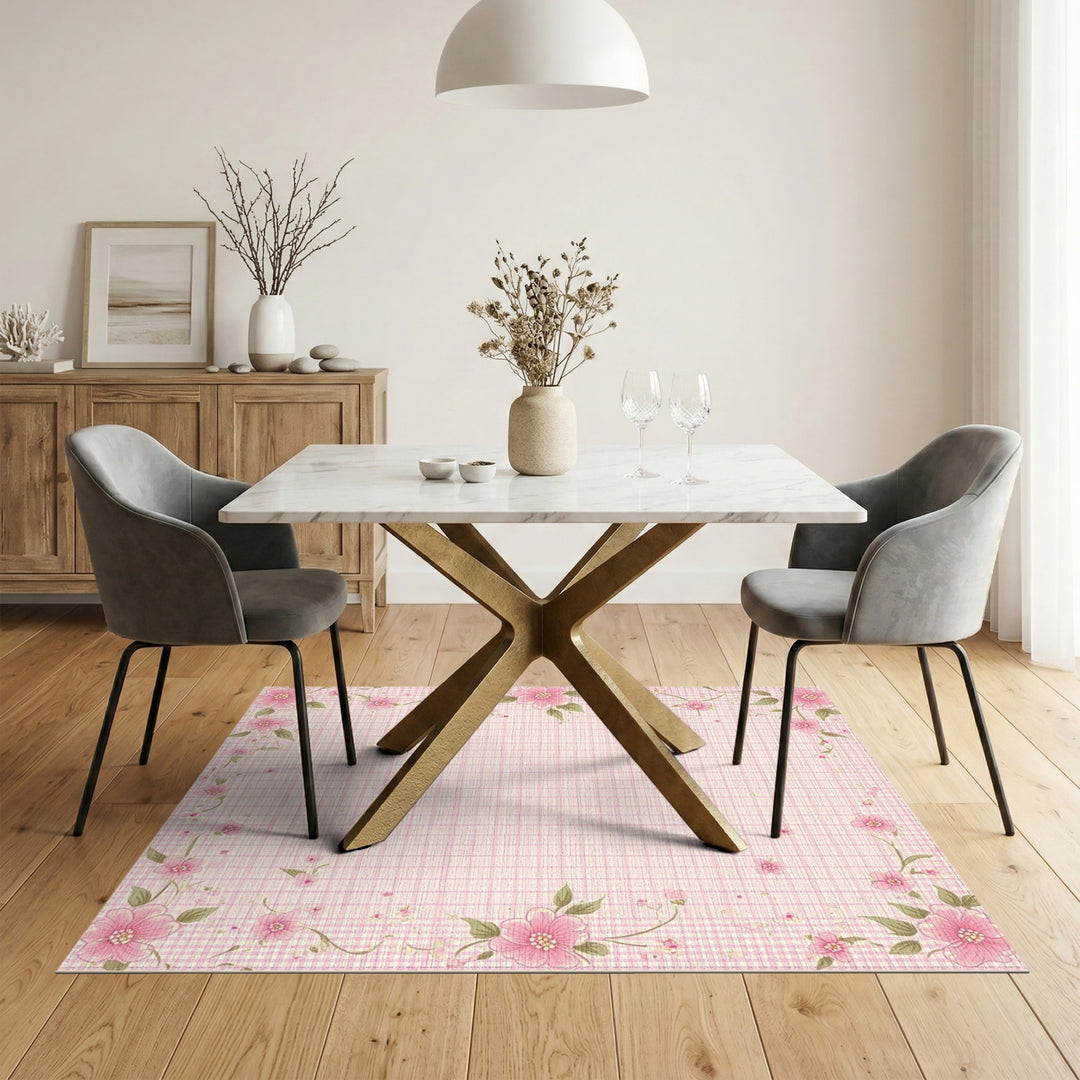 Pink Gingham Floral Washable Area Rug