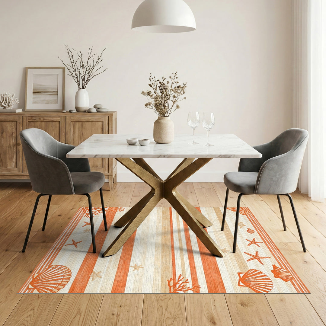 Coastal Orange Striped Seashell Area Rug