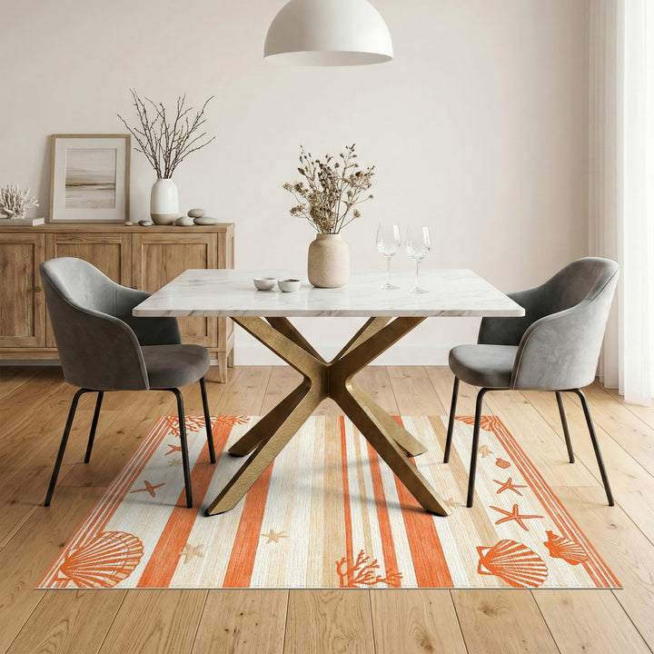 Coastal Orange Striped Seashell Area Rug