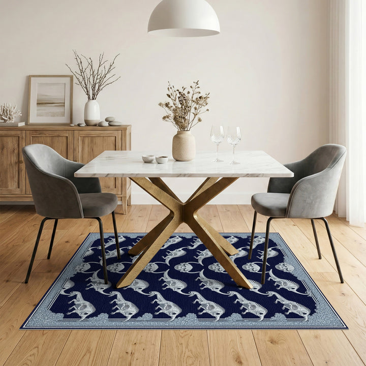 Dinosaur Skeleton Skull Navy Area Rug