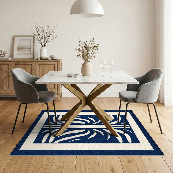 Navy Blue Geometric Leaf Area Rug