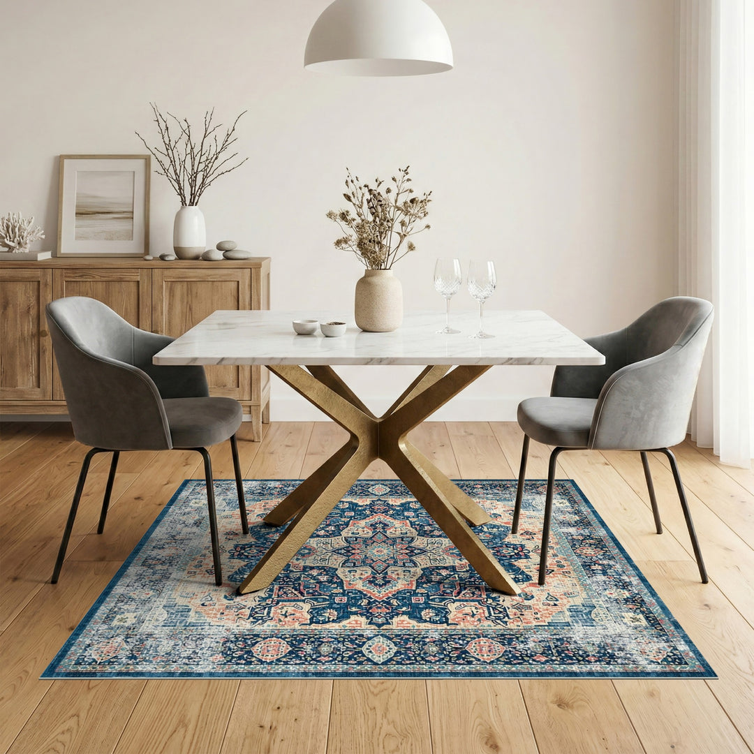 Blue Teal Distressed Vintage Medallion Area Rug