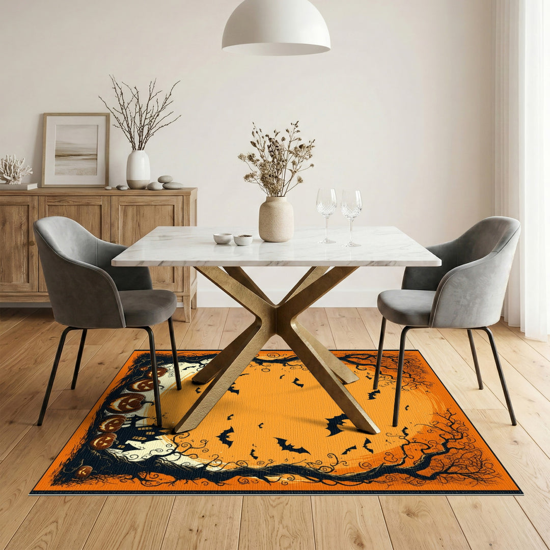 Orange Halloween Pumpkins and Bats Area Rug