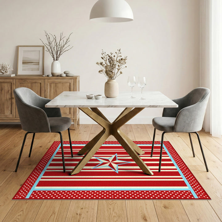 Red Striped Star Washable Area Rug