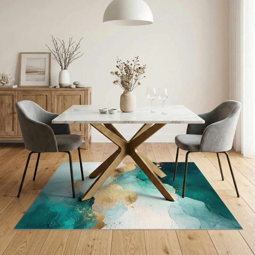 Teal and Gold Abstract Wave Area Rug