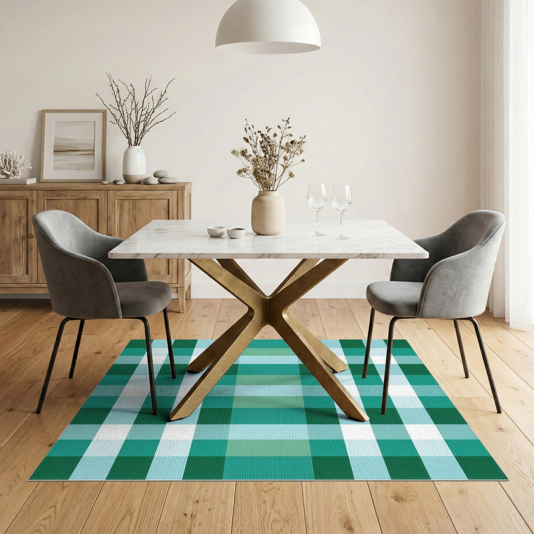 Green Checkered Washable Geometric Modern Area Rug