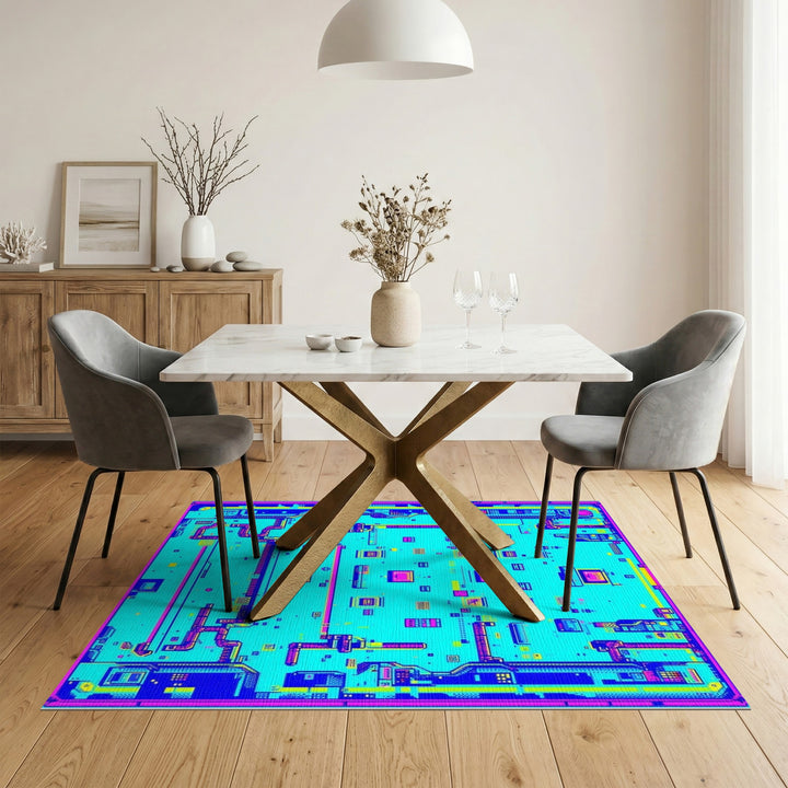 Neon Blue Pixel Circuit Area Rug