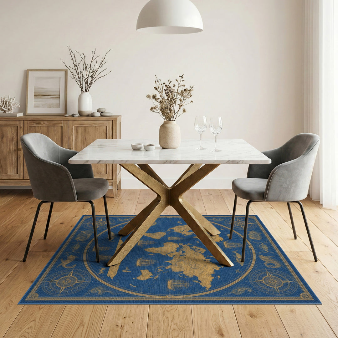 Vintage Nautical World Map Blue Area Rug