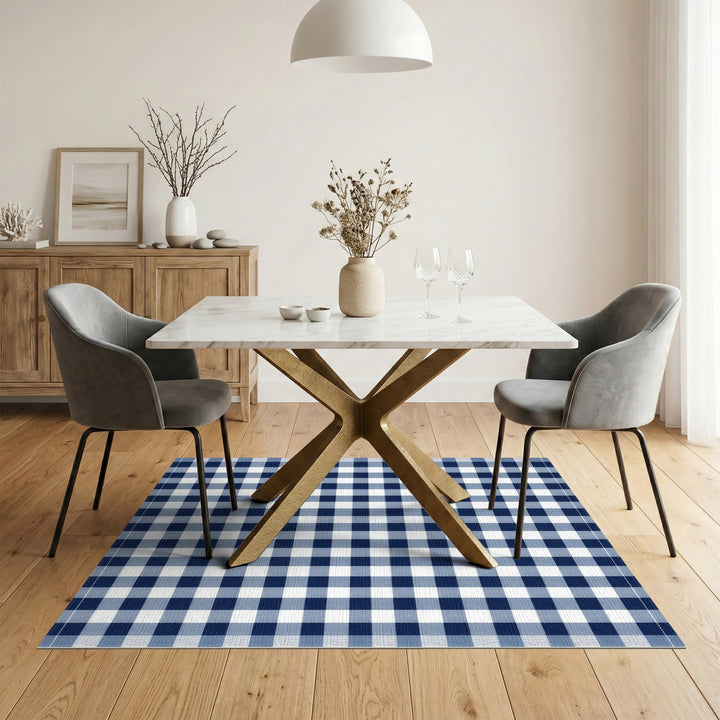 Blue and Teal Geometric Modern Navy Blue Checkered Washable Area Rug
