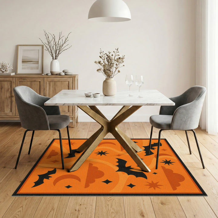 Orange Kids Cartoon Orange Halloween Bats Area Rug