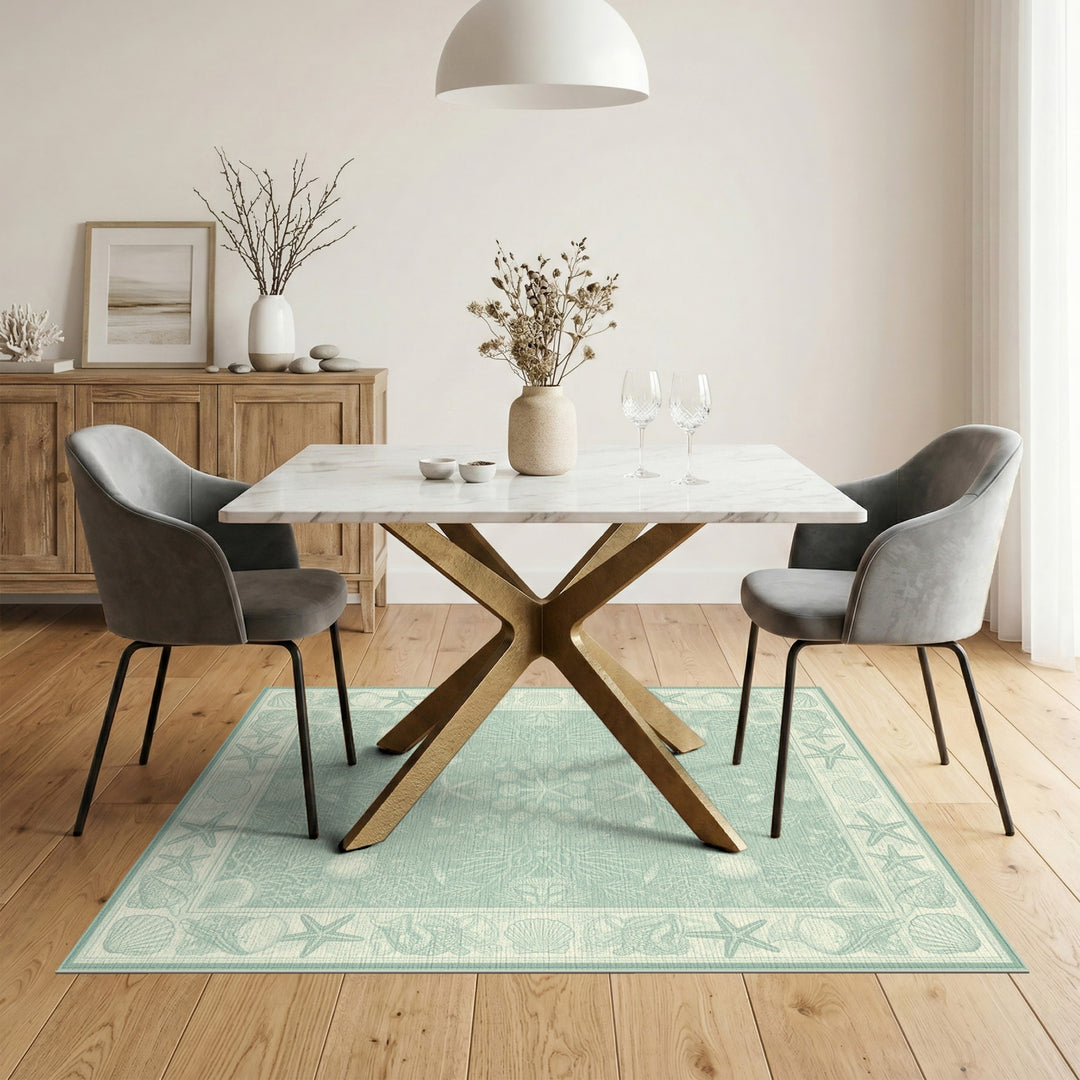 Teal Coastal Starfish Seashell Washable Area Rug
