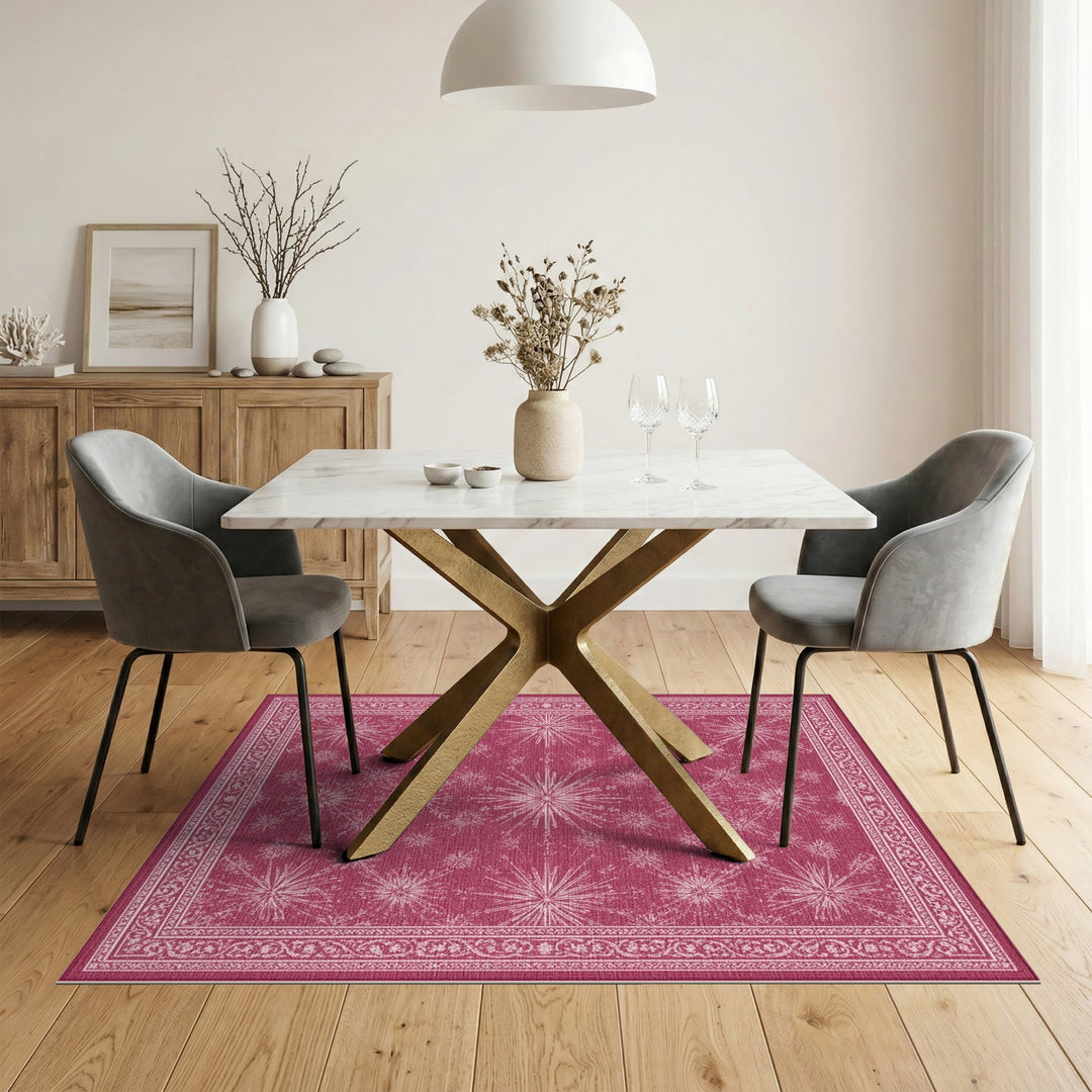 Pink Starburst Area Rug with Ornate Border