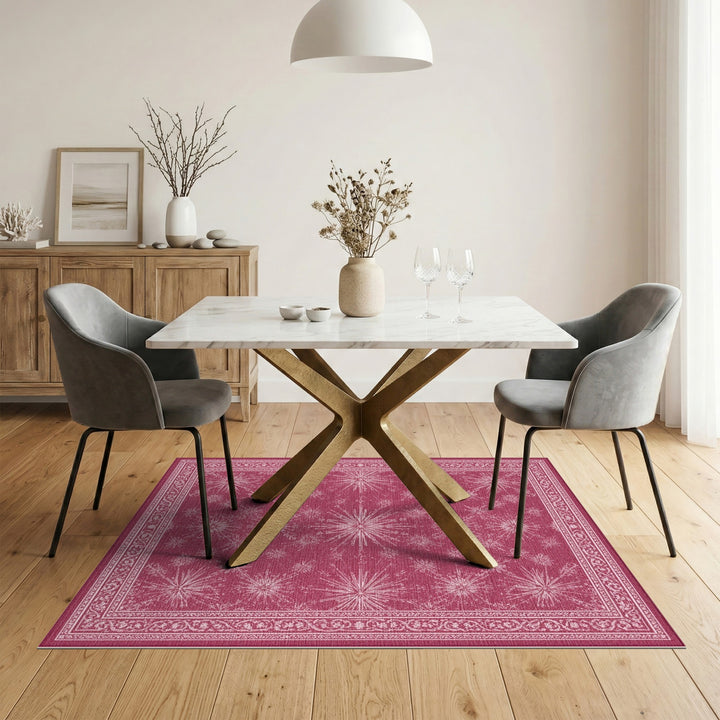 Pink Starburst Area Rug with Ornate Border