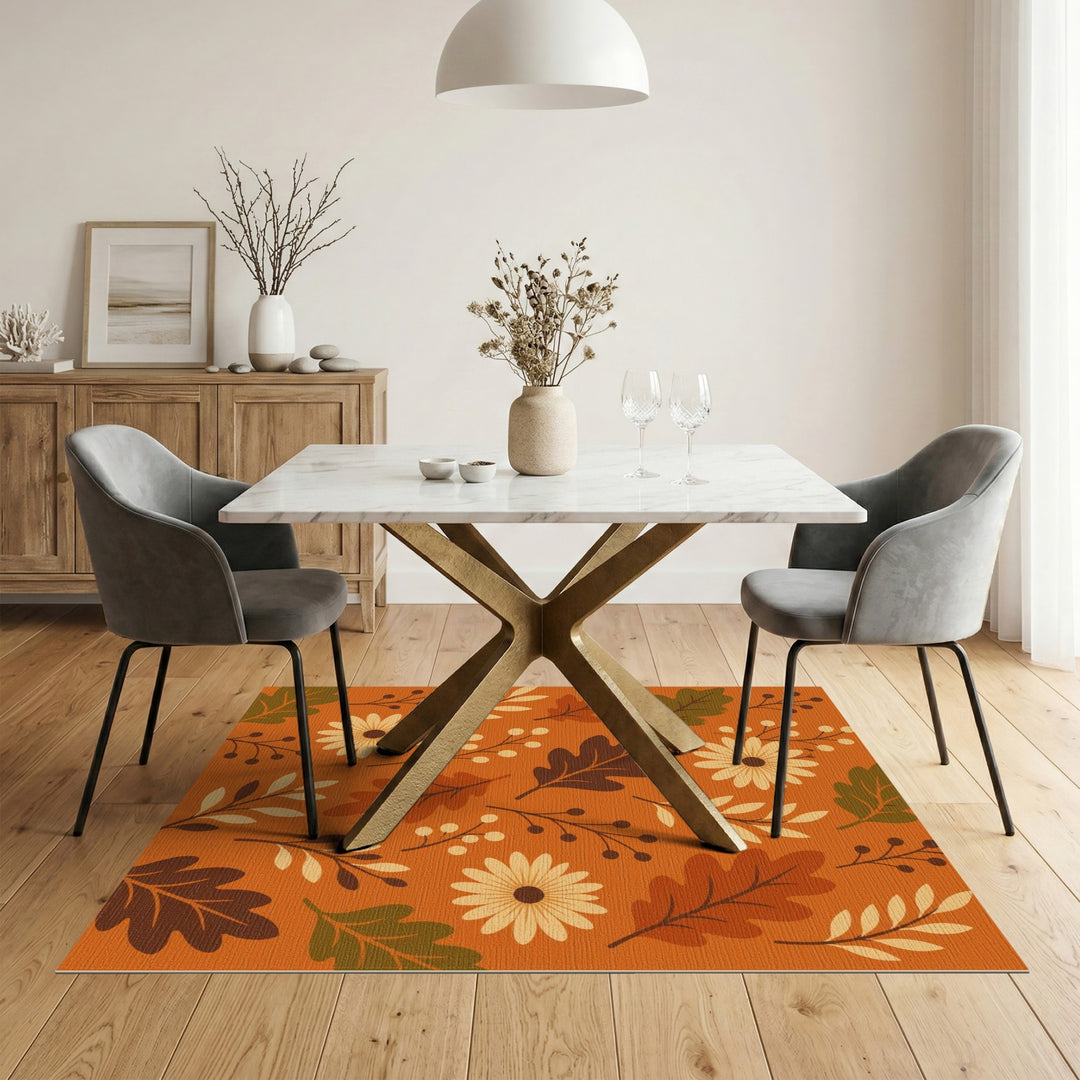 Orange Autumn Floral Area Rug with Daisies