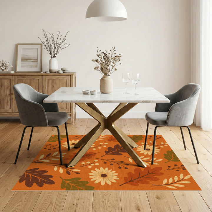 Orange Autumn Floral Area Rug with Daisies