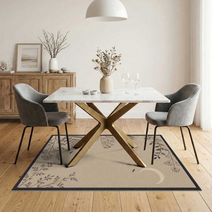 Boho Chic Beige Moon Birds Fern Area Rug