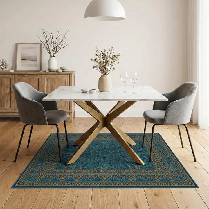 Blue and Teal and Gold Traditional Persian Area Rug