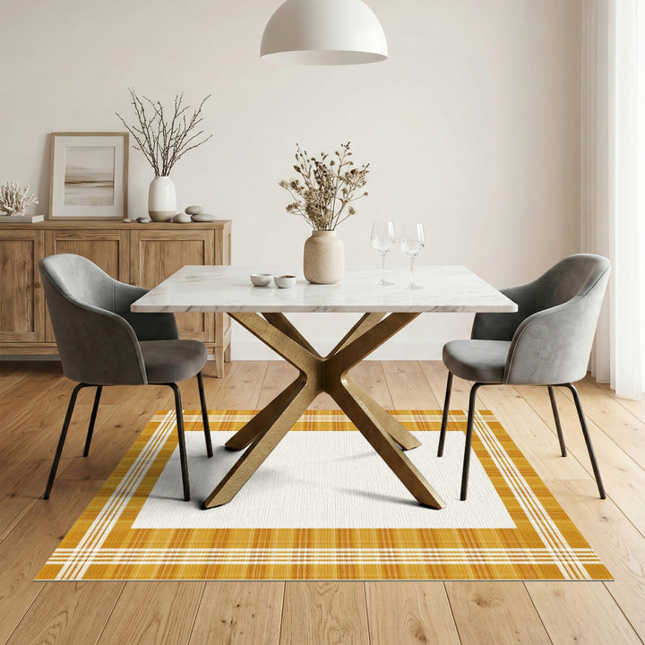 Yellow Plaid Border Washable Area Rug