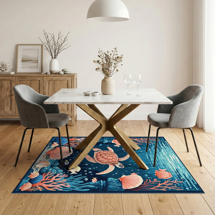 Sea Turtle Coral Washable Area Rug