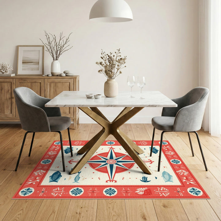 Red Nautical Compass Fish Area Rug