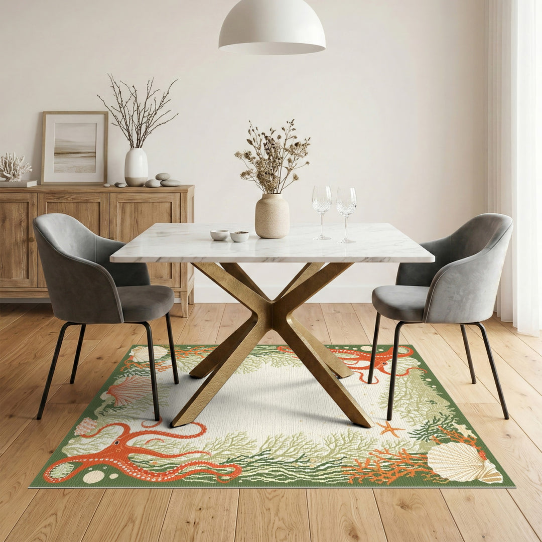 Red Octopus Coastal Green Area Rug