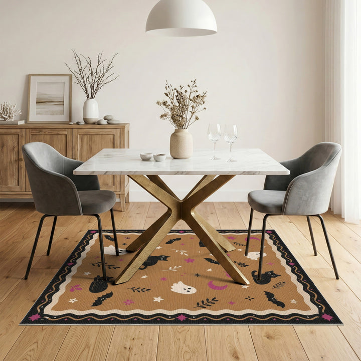Brown Halloween Black Cats Ghosts Washable Area Rug