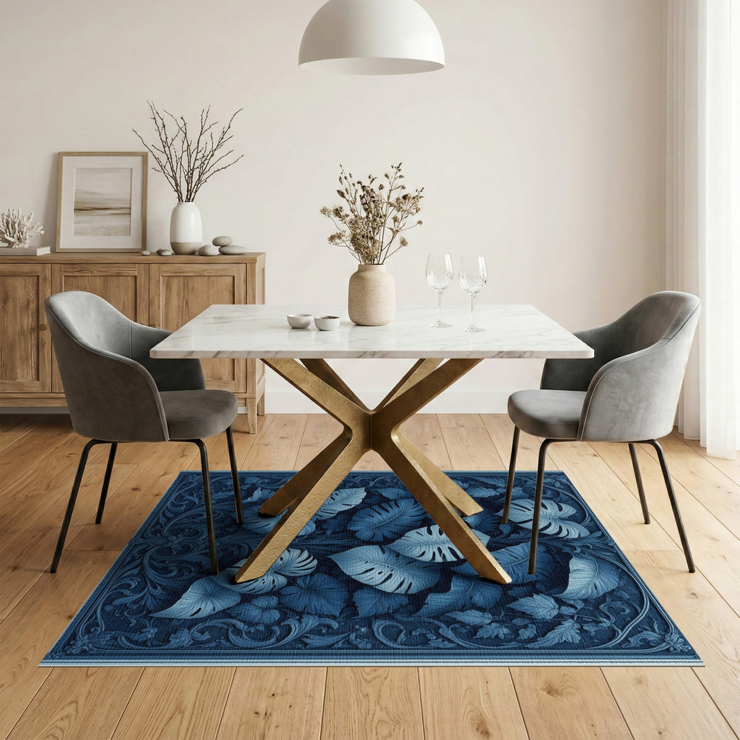 Blue Monstera Leaf Floral Vintage Area Rug