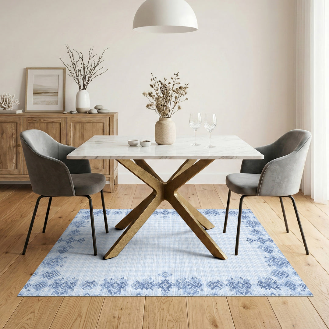 Blue Gingham Tribal Border Area Rug