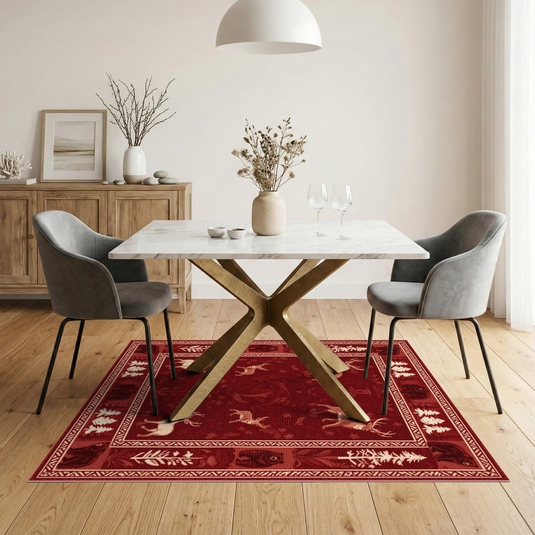 Red Rustic Bear Deer Woodland Area Rug