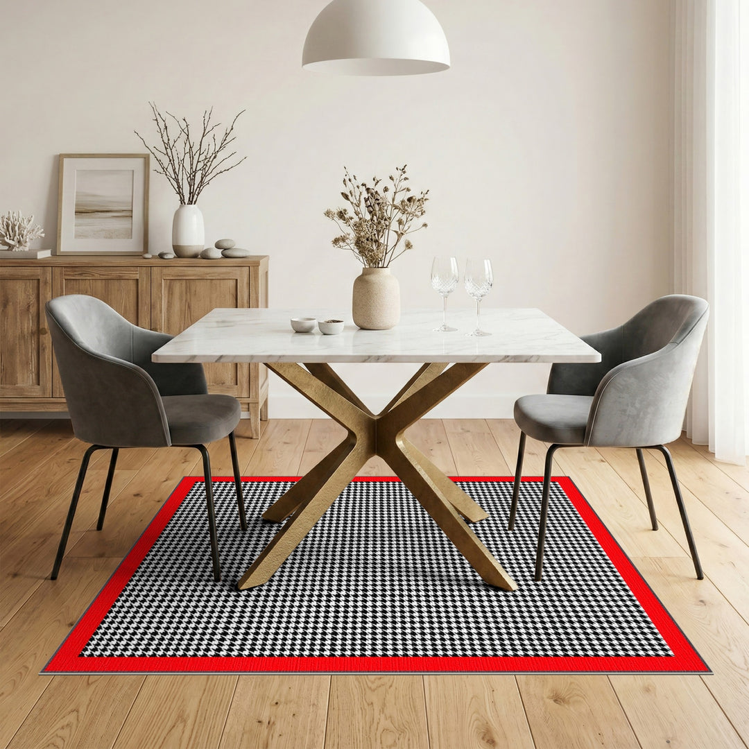 Black White Houndstooth Rug with Red Border