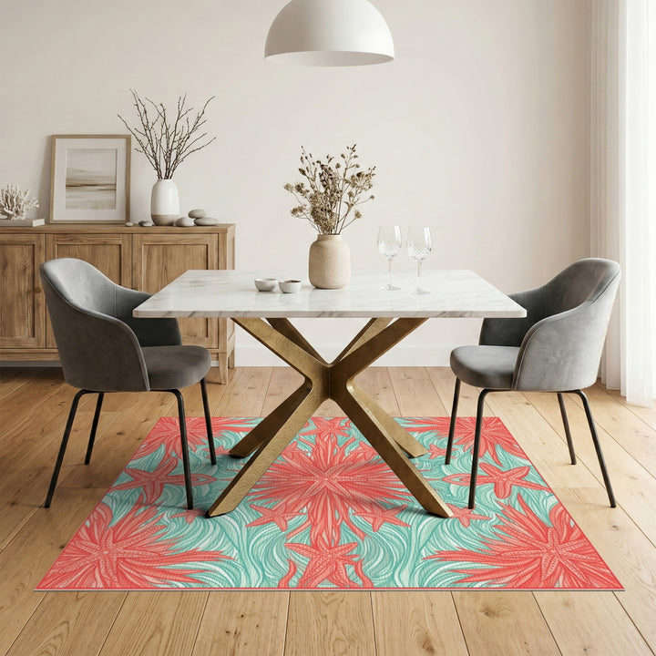 Coral Starfish Teal Wave Area Rug