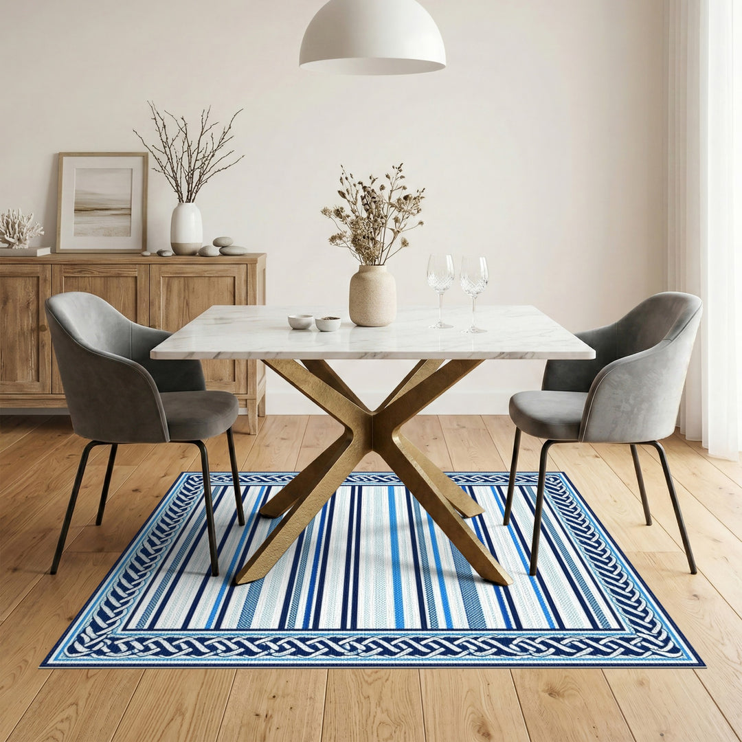 Blue Striped Heritage Area Rug with Knot Border