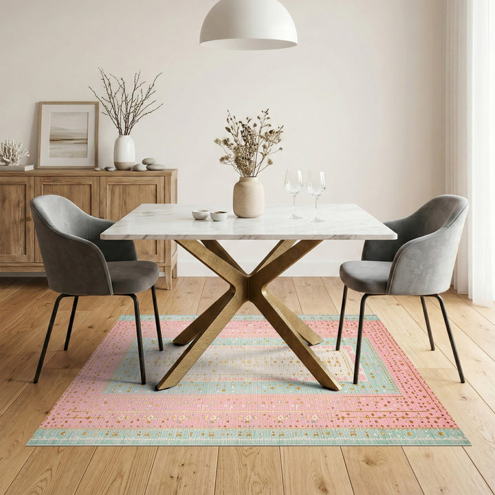 Pink Boho Chic Area Rug with Gold Accents