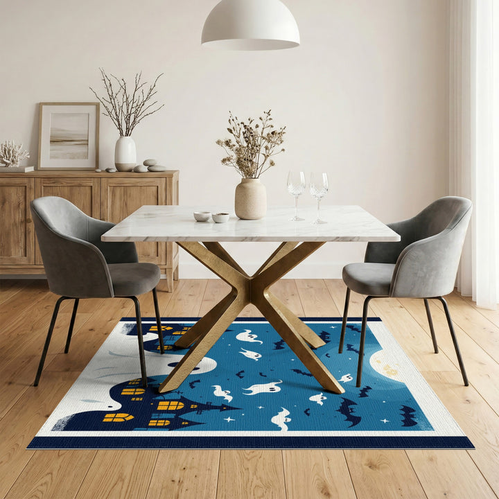Halloween Ghosts and Bats Blue Area Rug