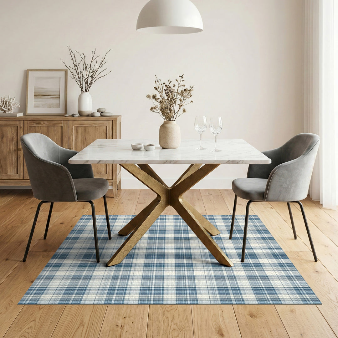 Geometric Modern Blue and Teal Blue Plaid Washable Area Rug