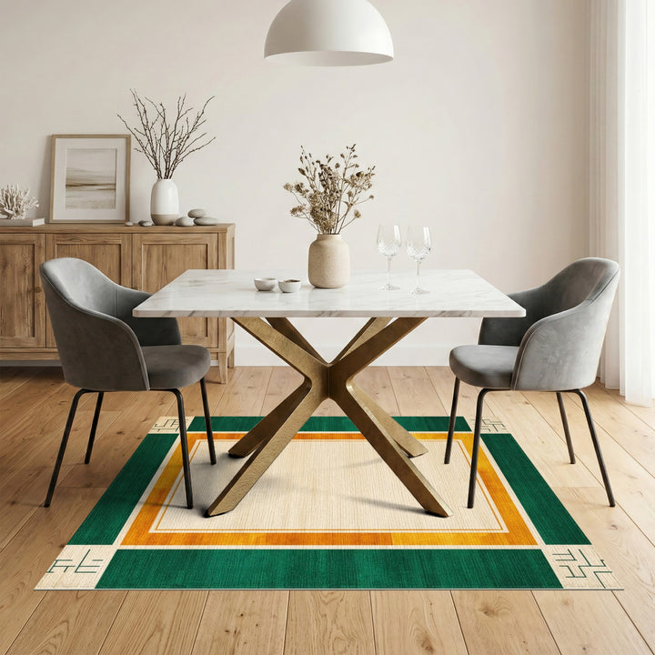Green Geometric Area Rug with Orange Border