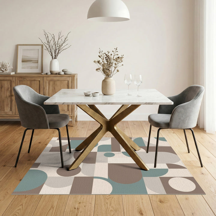 Geometric Beige Area Rug with Teal Accents